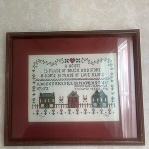 Framed Cross-Stitch Home Wall Decor with Red and Brown Accents